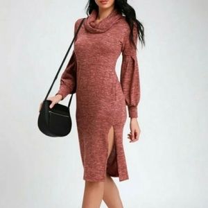 Mauve cowl neck sweater dress knee length balloon sleeves Lulus medium NWOT $15